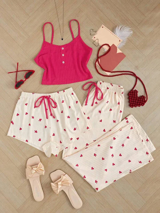 Heart Print cute Pajama Set 3 Piece