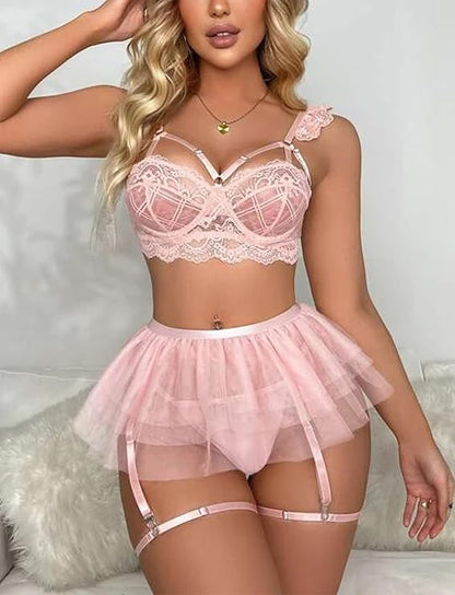 See-Through Mesh Bra Set with Garter and Briefs
