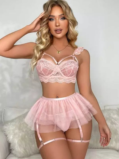 See-Through Mesh Bra Set with Garter and Briefs