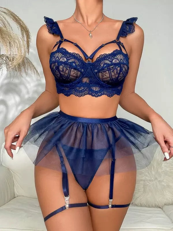 See-Through Mesh Bra Set with Garter and Briefs