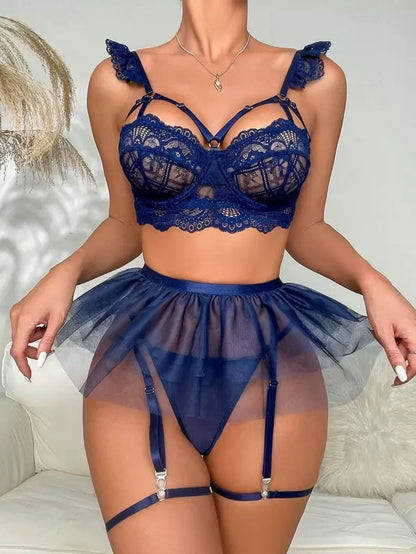 See-Through Mesh Bra Set with Garter and Briefs